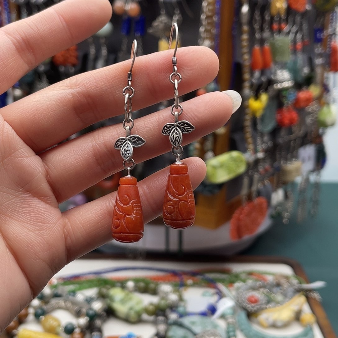 翡翠耳饰银S925镶嵌饰品