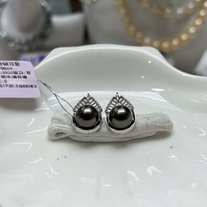 海水珍珠漏大溪地水滴耳钉8-9mm银S925镶嵌