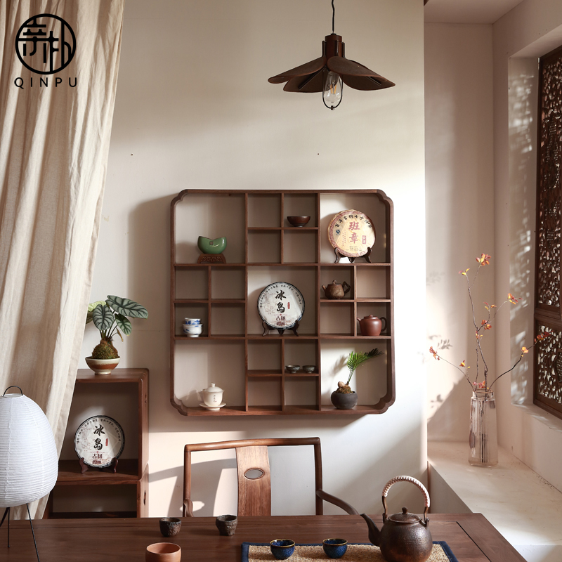 千山九宫格北美黑胡桃木实木墙上多宝格茶室博古架茶饼茶杯置物架