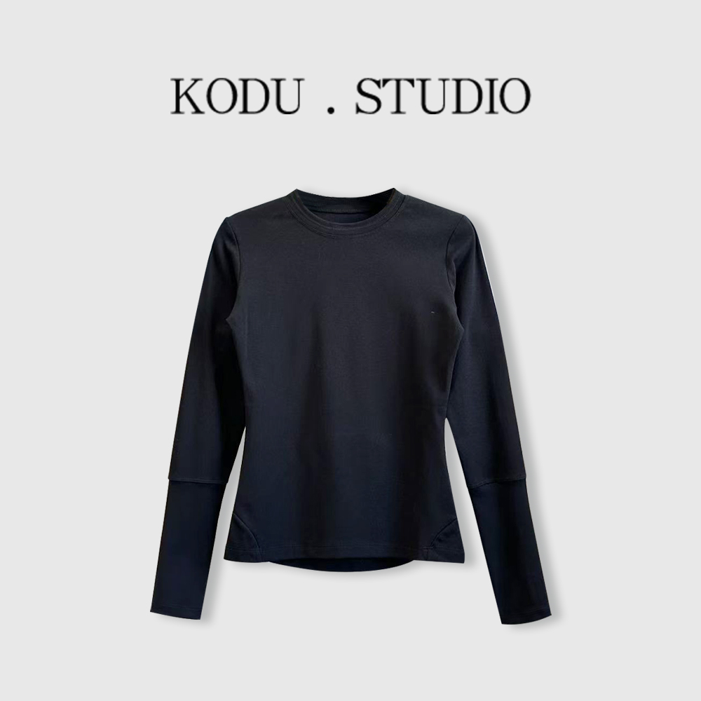 【刻度KODU】WX-5928秋冬季休闲百搭圆领纯色拼接收腰长袖打底T恤