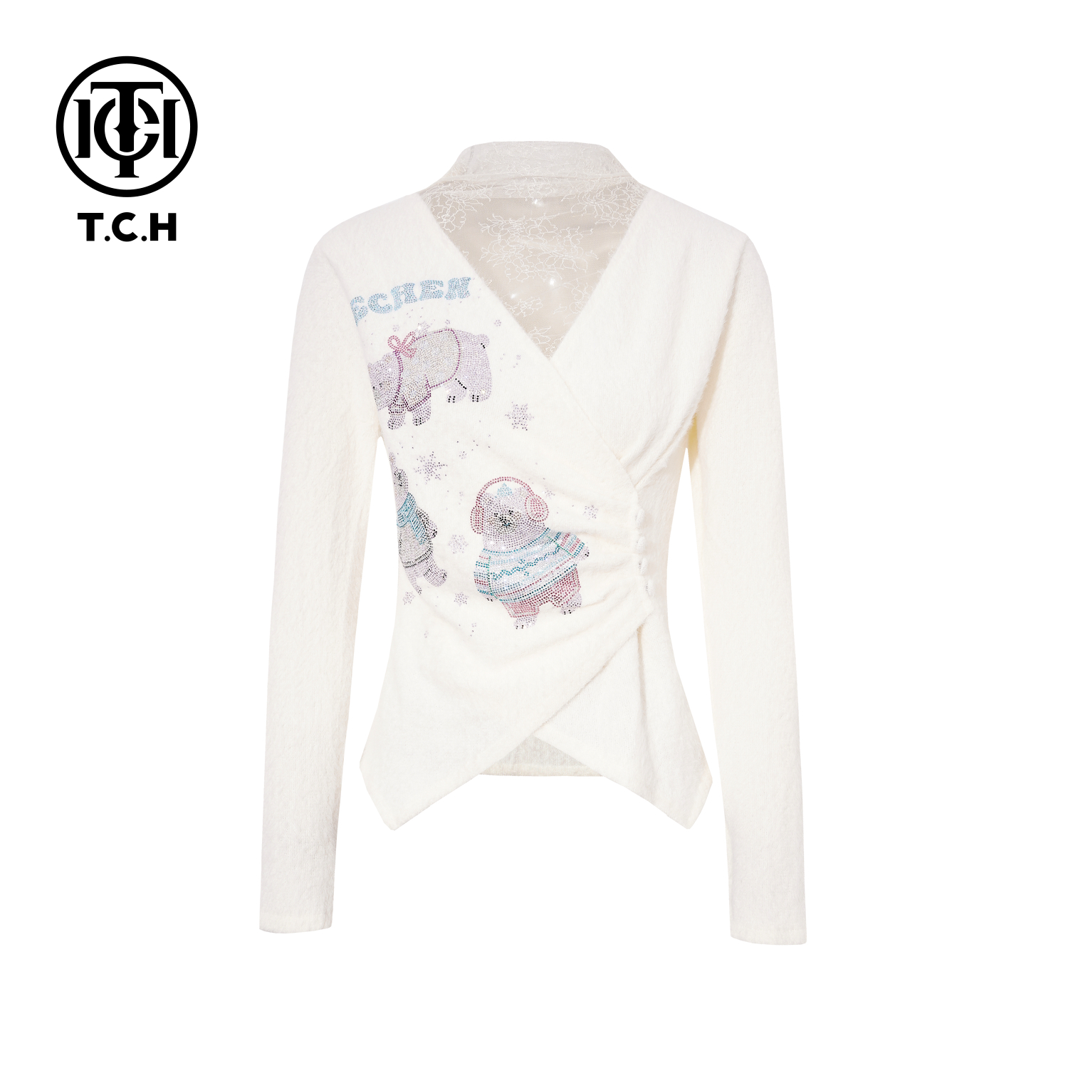 TCH【时尚百搭】冬款时尚烫钻米色休闲风女装打底衫T75D02E5018