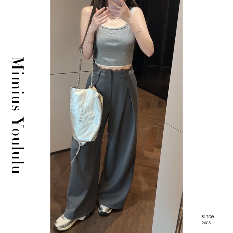 【mimius】&喵喵 摩登感蕾丝褶皱西装阔腿裤+铆钉针织背心 G02154