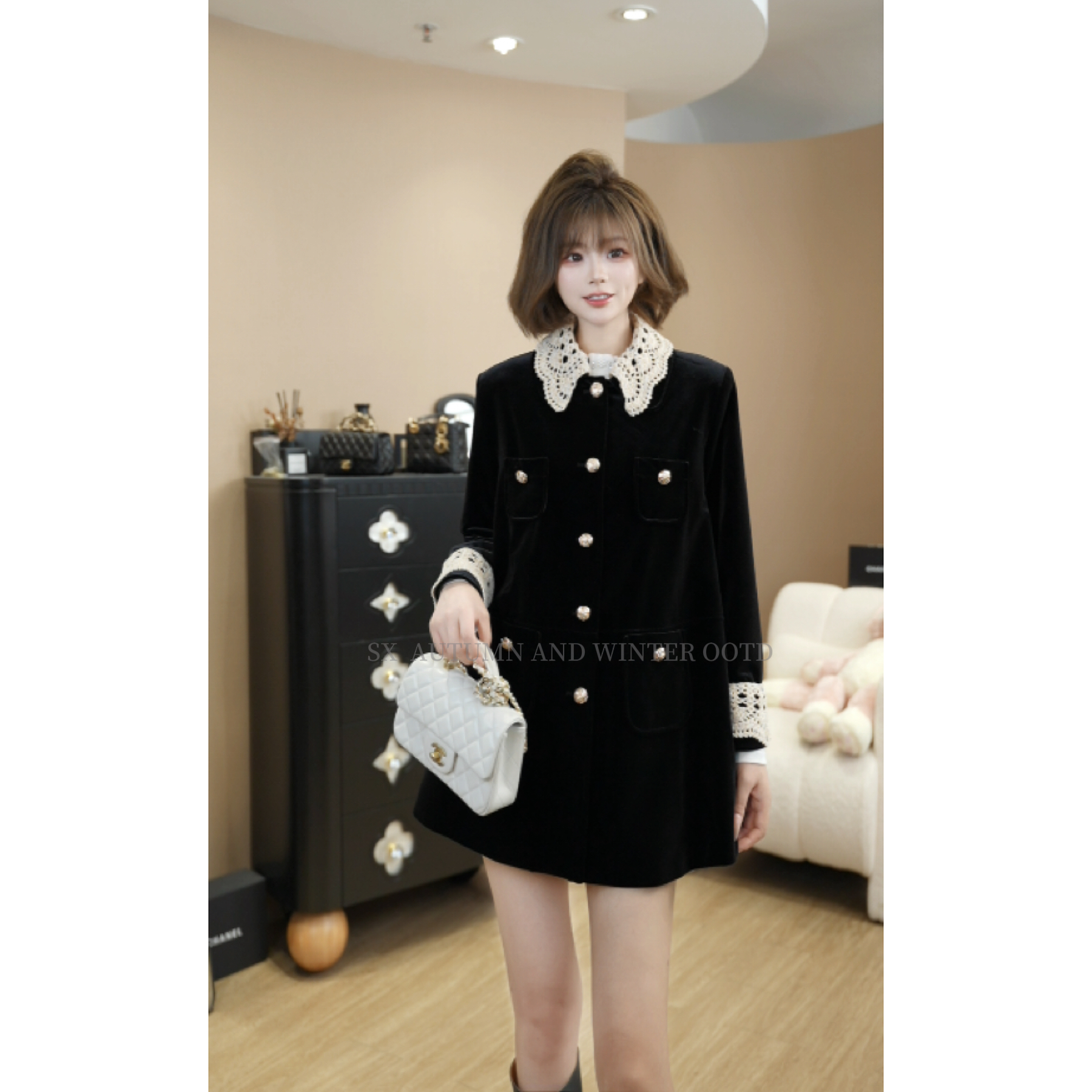 复古miu系翻领钩花A版丝绒大衣 k0925