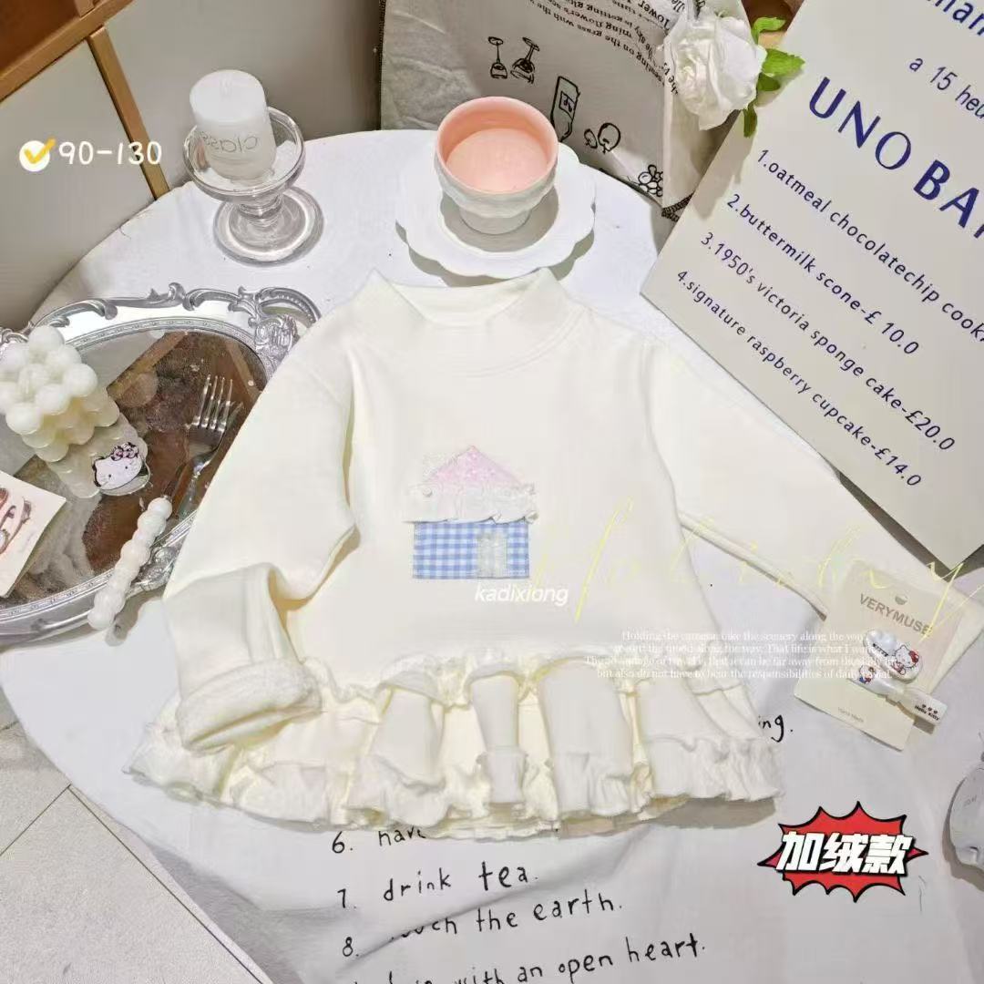 1151女宝宝甜美秋冬加绒卫衣新款卡通上衣女童可爱蕾丝花边童装