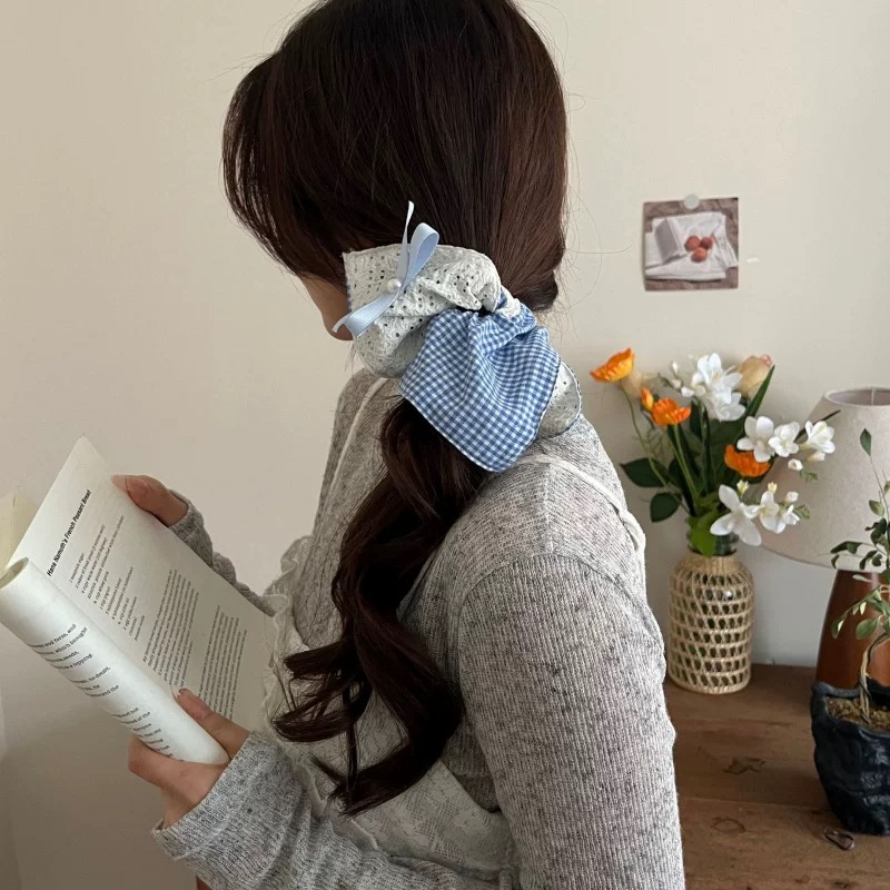 新款格纹蝴蝶结大号大肠发圈蕾丝格纹面四角方巾头花百搭1161