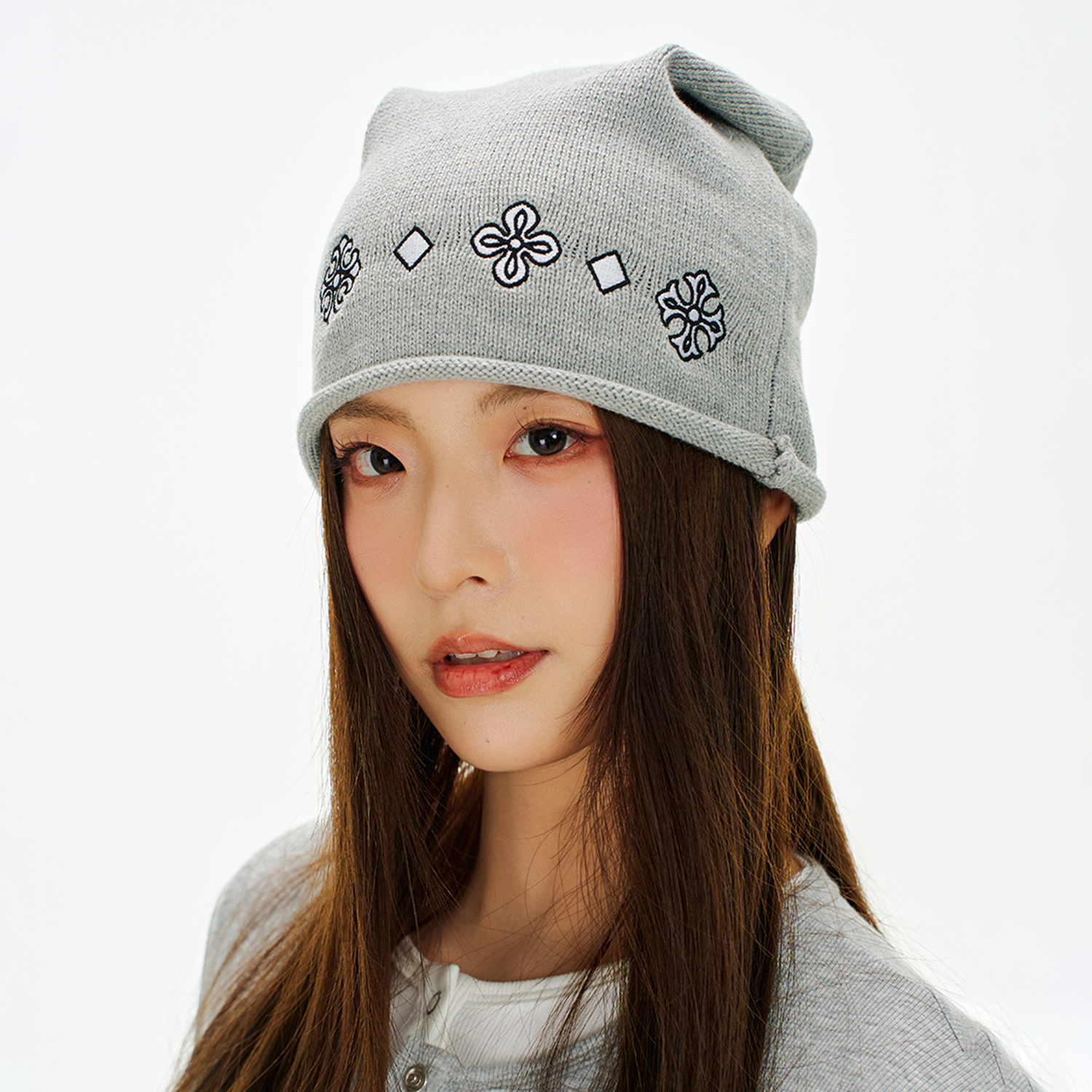 NSTNEW START发芽计划复古民族提花卷边冷帽女灰色保暖针织毛线帽