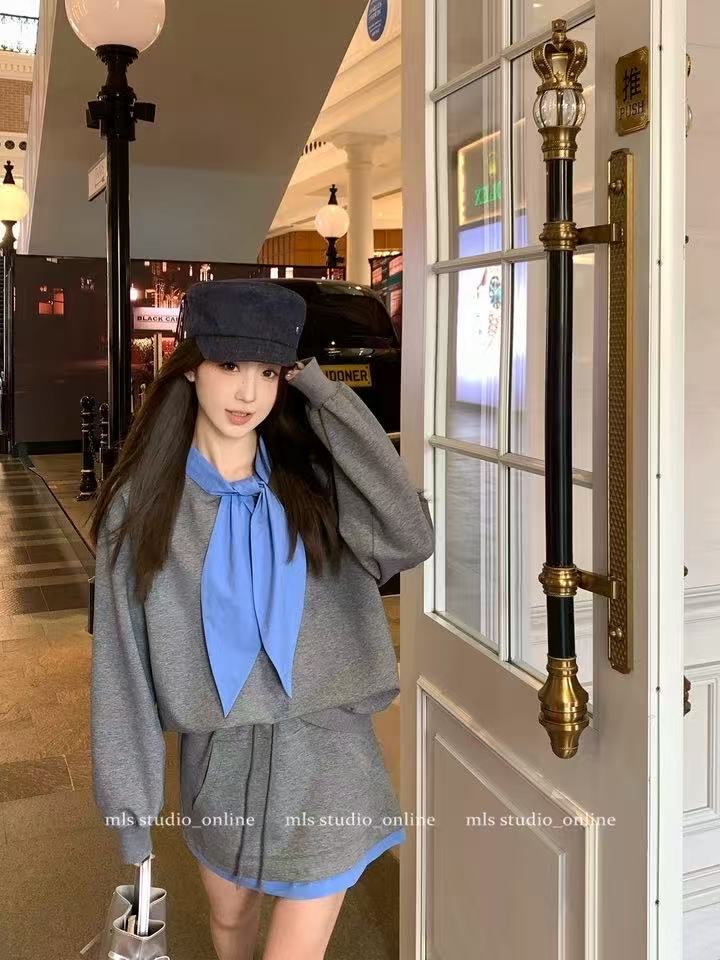 休闲风时尚套装简约系带拼接卫衣抽绳高腰包臀半身短裙两件套 