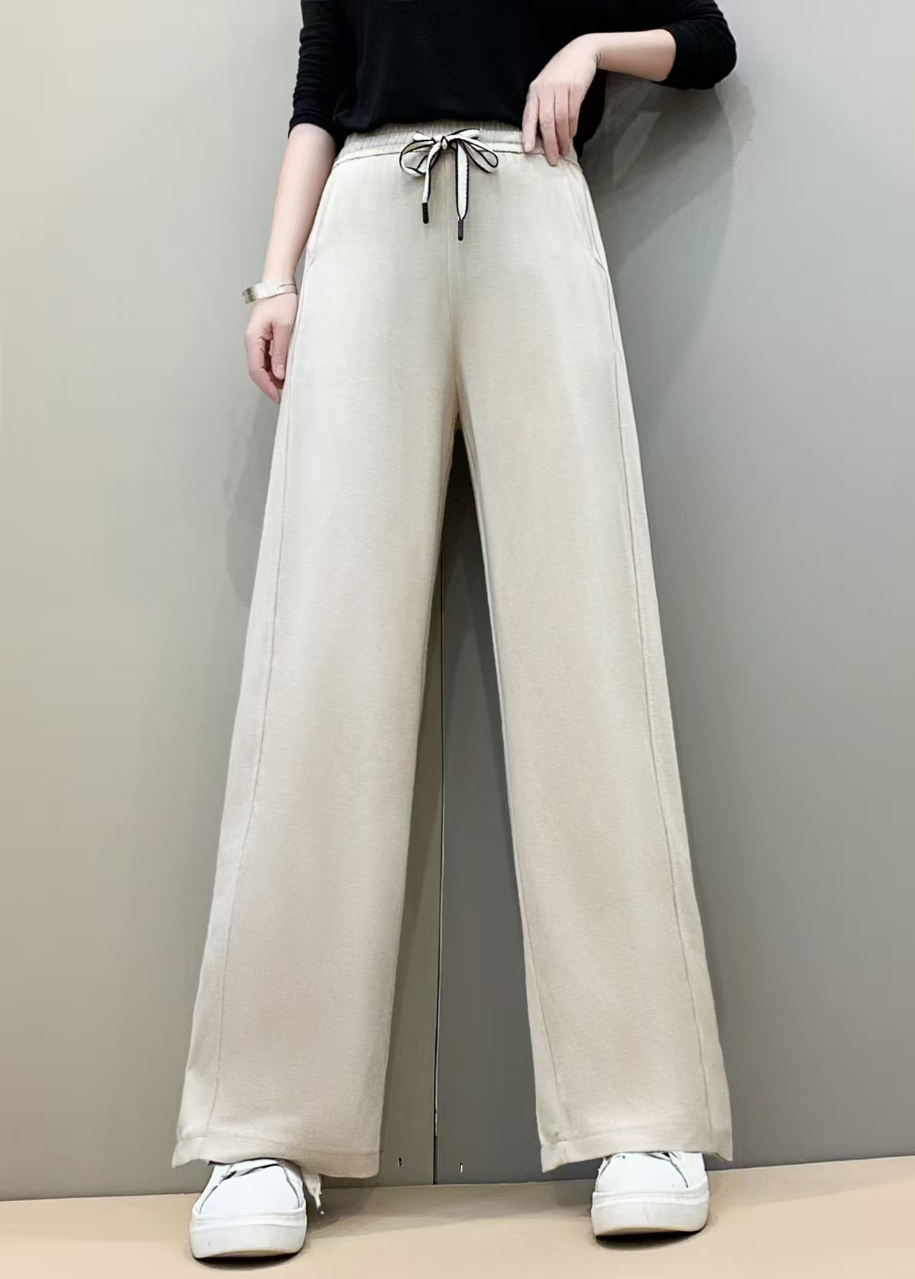 松紧高腰窄版阔腿直筒裤女秋冬新款垂感显瘦休闲长裤