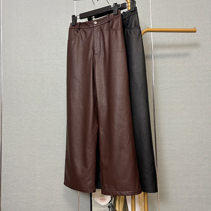 高端头层小牛皮长裤女2024新款显瘦高腰阔腿裤休闲真皮直筒皮裤