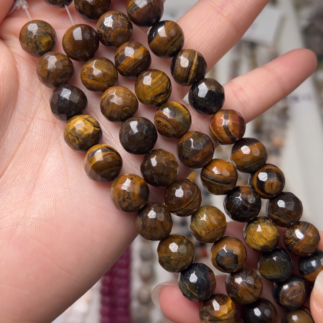 玛瑙/玉髓合金珠宝半成品L582。10mm天然黄虎眼刻面圆珠一条15cm