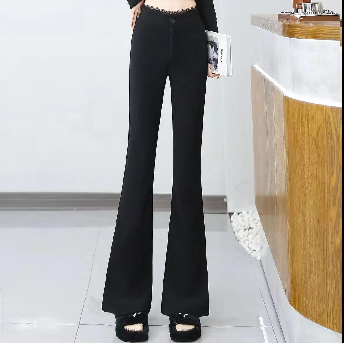 【运补5元】蕾丝秋款高腰微喇休闲裤黑色弹力料子裤子微喇裤