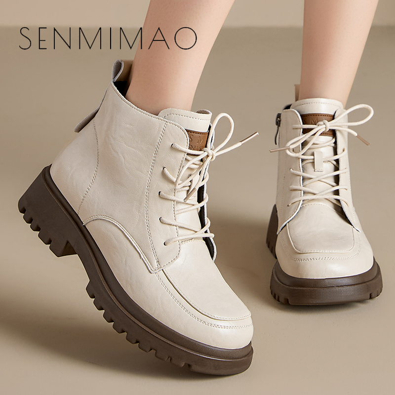 靴子女新款厚底增高时尚英伦工作鞋秋冬真牛小皮鞋百搭防滑时装靴