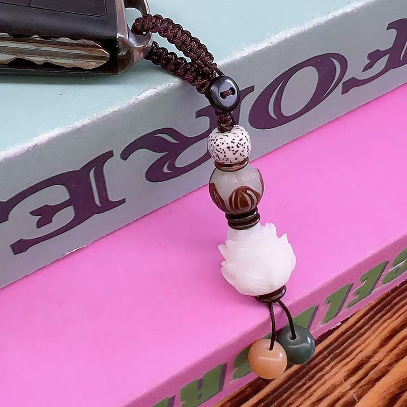 白玉菩提钥匙扣菩提根雕刻五层莲花菩提手链多宝饰品车挂包挂