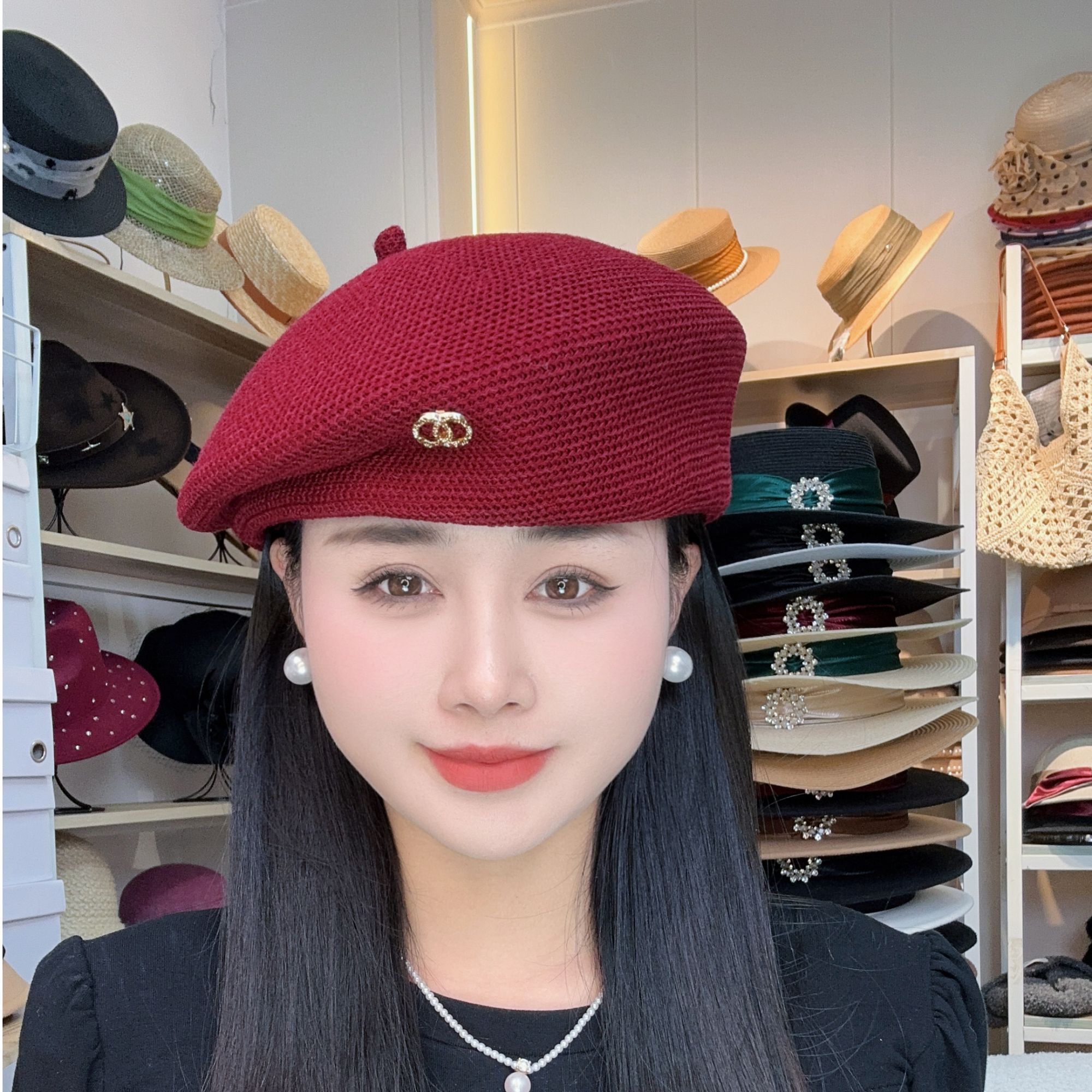 迎春春夏时尚百搭气质网红韩版画家帽透气定型压边贝雷帽薄款镂空