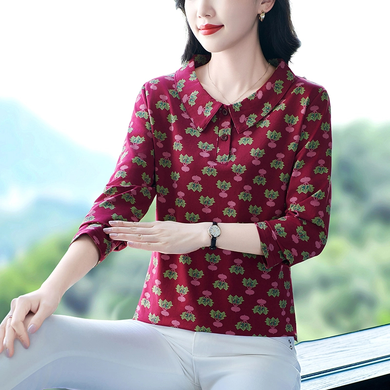 长袖t恤女上衣女春秋2025年新款洋气妈妈大码宽松印花打底小衫