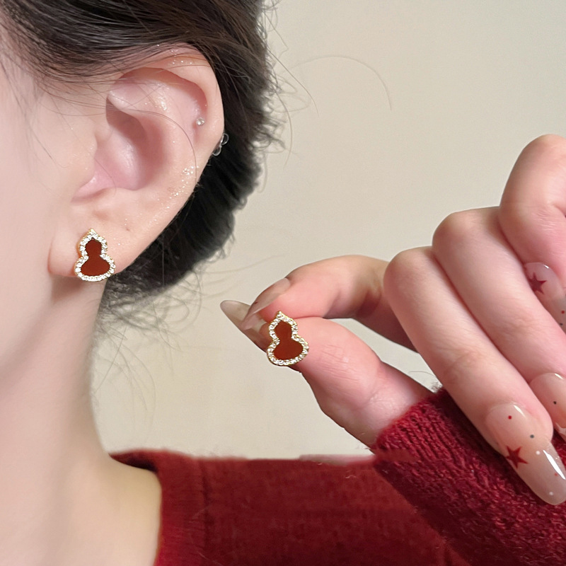 铜合金珐琅耳饰 铜合金耳饰 滴釉安可垃红色福禄葫芦耳钉百搭耳钉