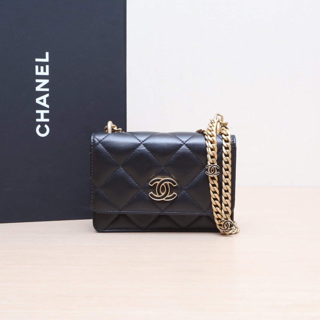 95新 Chanel/香奈儿 小花攀攀 22P 双C 珐琅扣 WOC 黑色 31开包