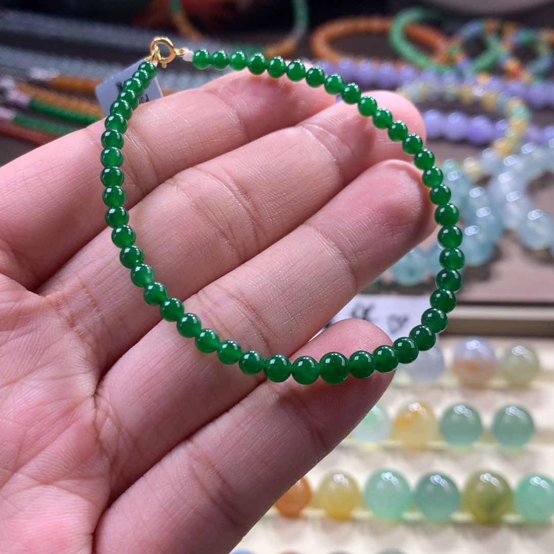 未镶嵌手链翡翠老种冰润细腻辣绿小米手链 卡3.5~3.97