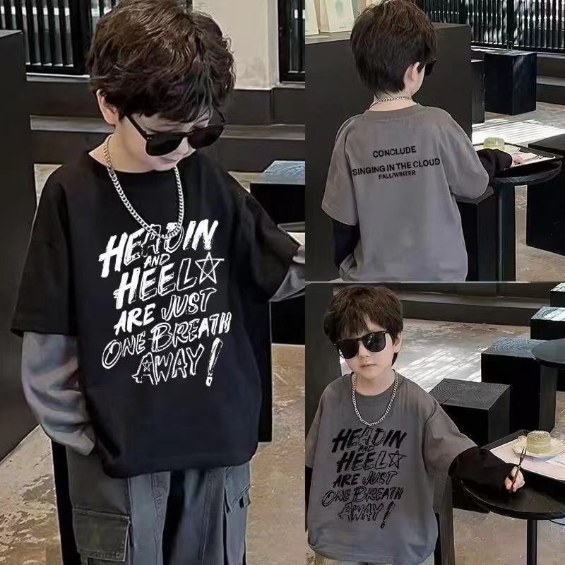 纯棉男童2025长袖T恤春秋新款儿童拼接假两件帅气外穿打底衫上衣