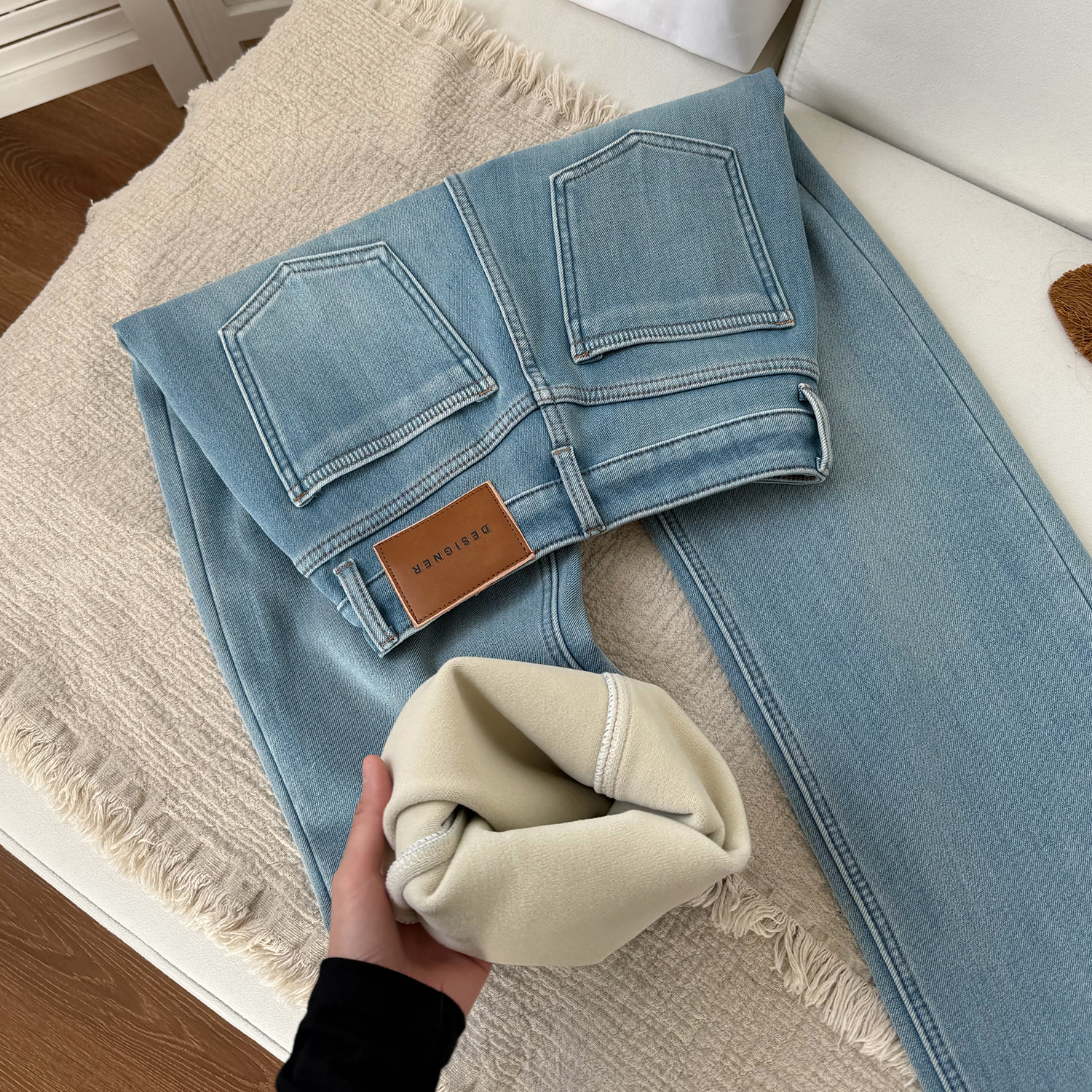 碧雪蓝加绒弹力窄版阔腿牛仔裤女2025冬季新款高腰百搭显瘦直筒裤