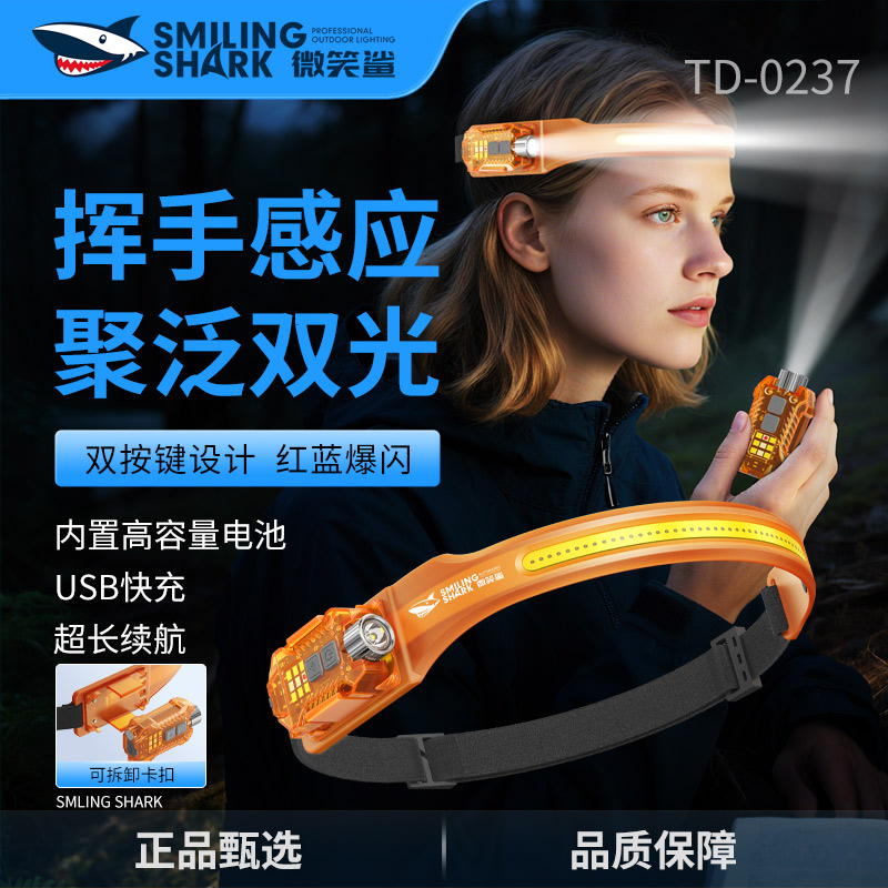 微笑鲨0237登山钓鱼头戴式头灯强光超亮户外夜间跑步灯感应长续航