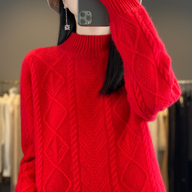 新年红半高领羊毛衫100%纯羊毛针织打底加厚绞花气质羊绒毛衣女