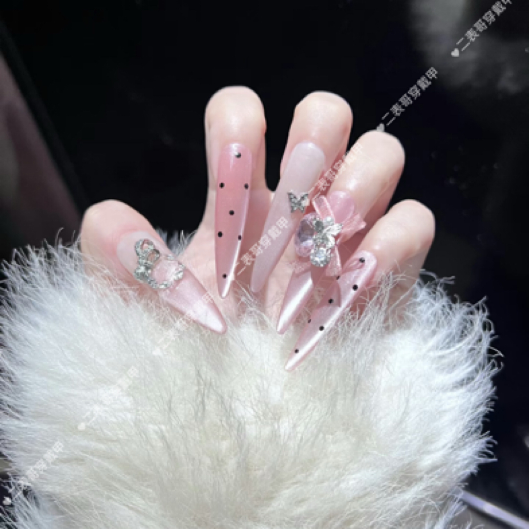 【浅香槟波点】纯手工穿戴甲高级感显白冰透猫眼美甲亮闪闪爆闪长尖