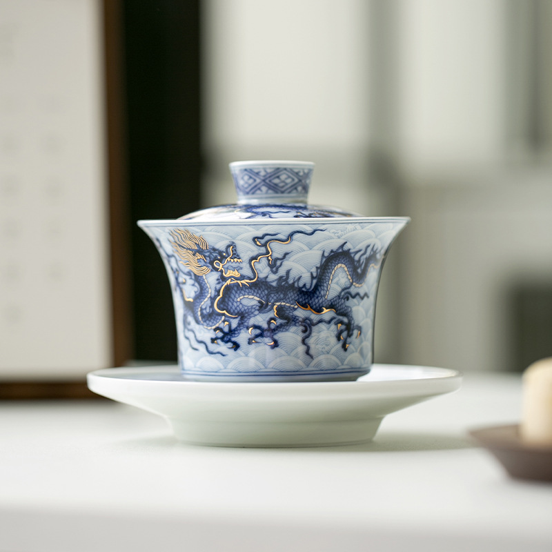 仿古青花金银错龙纹三才盖碗陶瓷功夫茶具茶碗家用泡茶碗茶杯复古