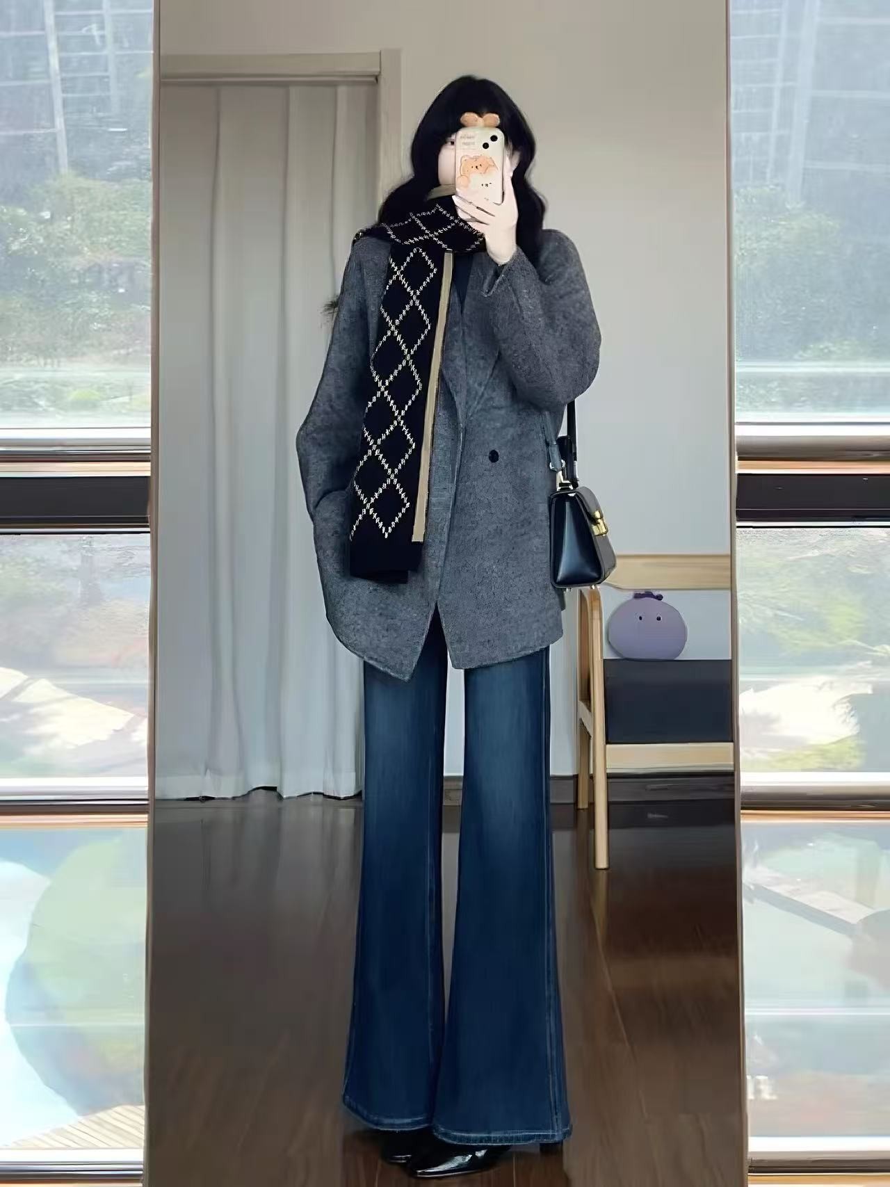 秋冬加绒加厚显瘦微喇牛仔长裤高腰抽绳高弹力孕妇外穿休闲牛仔裤