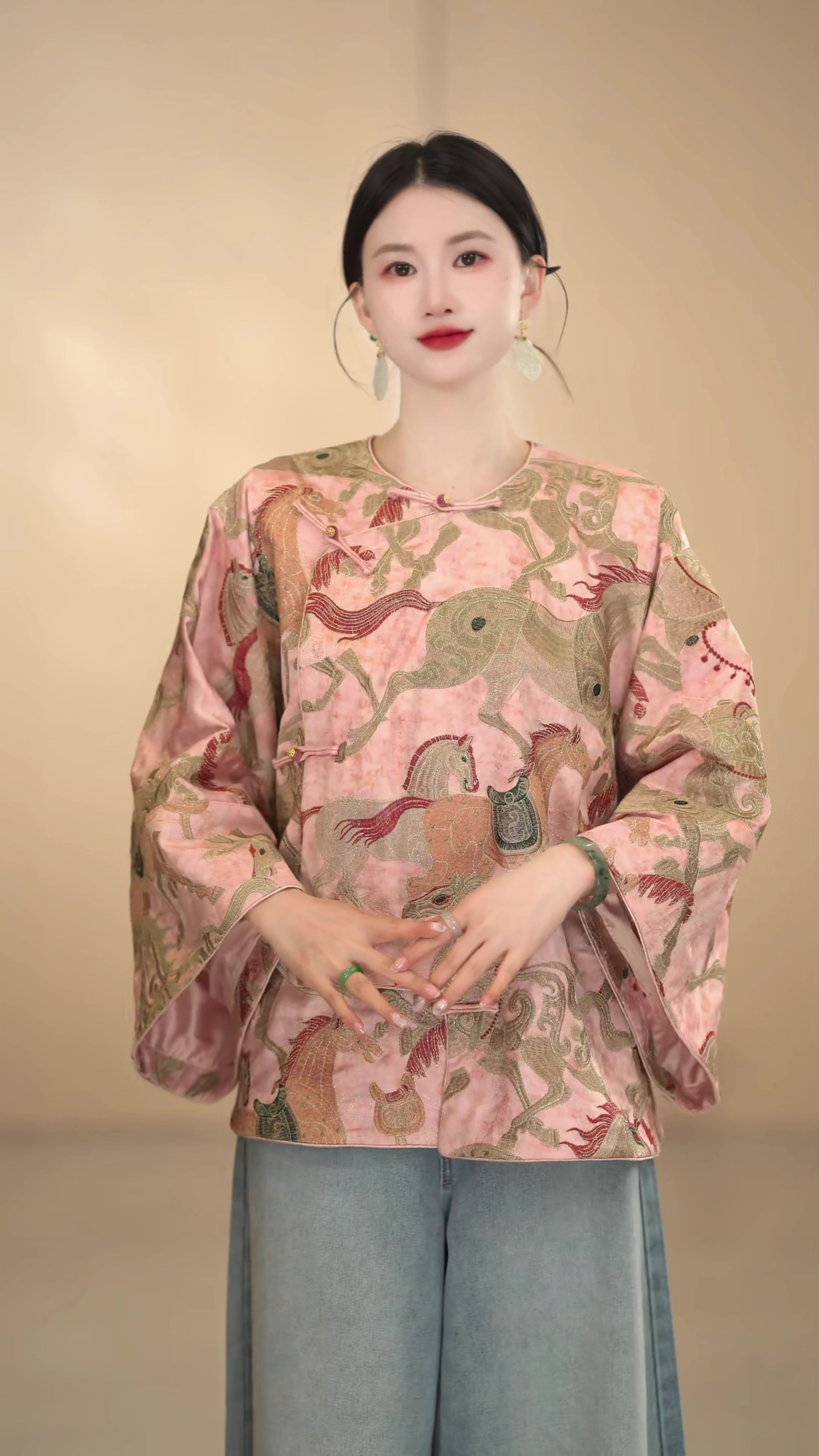 「春风十里不如你」中国风网红圆领斜襟汉服时尚长袖百搭提花上衣