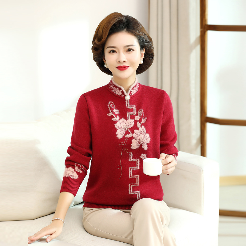 清库存加绒加厚中年秋冬气质洋气毛衫老年人红色毛衣上衣23133