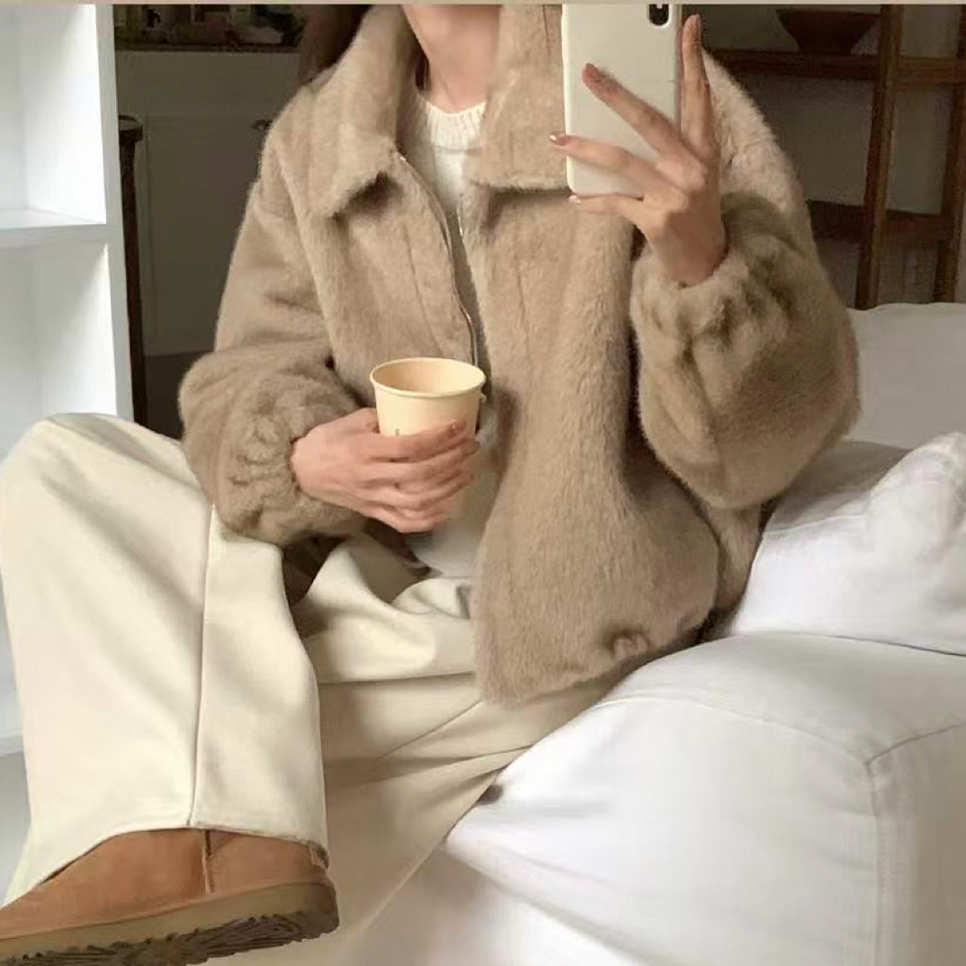 No退No换东大门女装2025冬季翻领短款毛毛外套034c