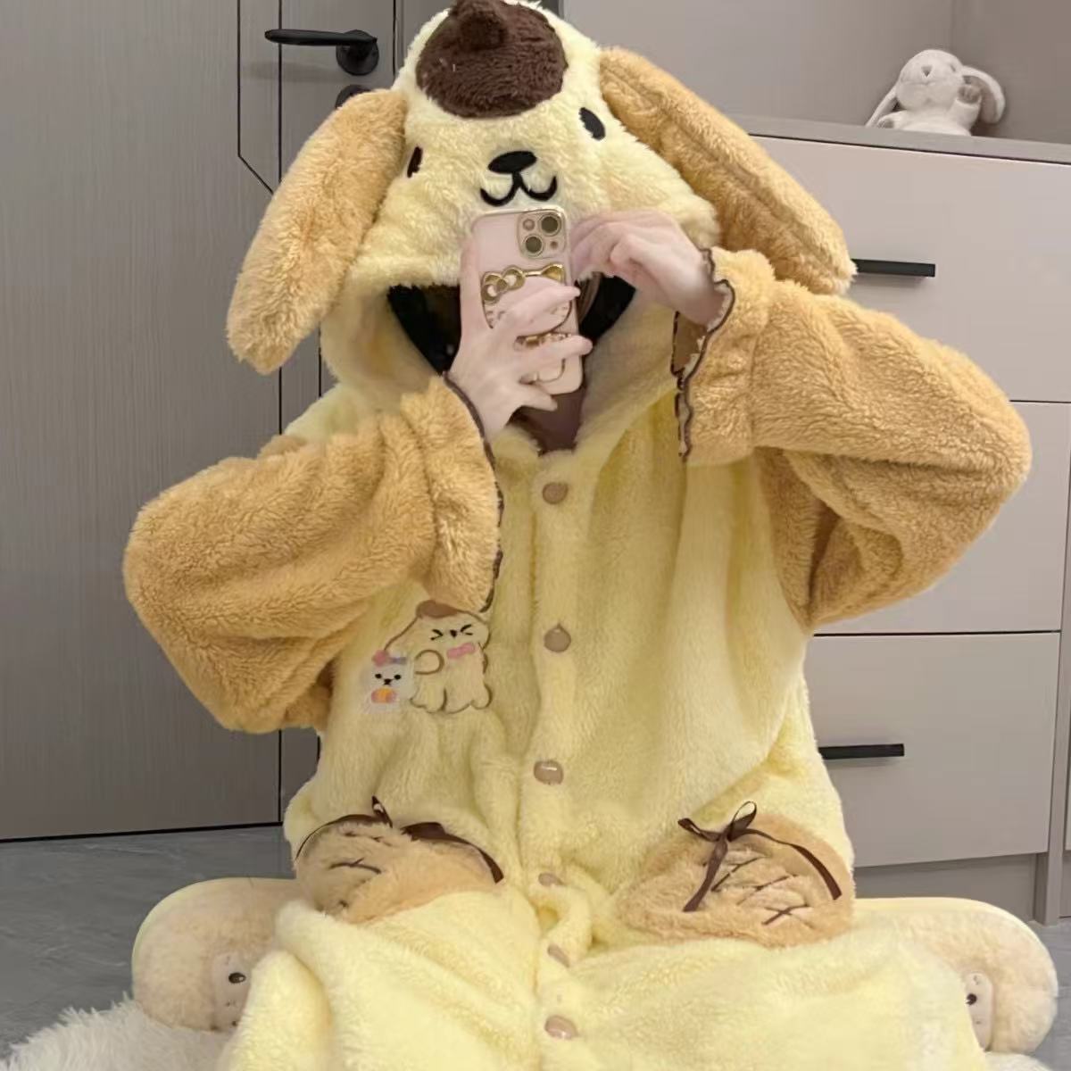【反季清仓】布丁狗连帽可爱卡通女生睡袍加绒加厚可外穿家居服
