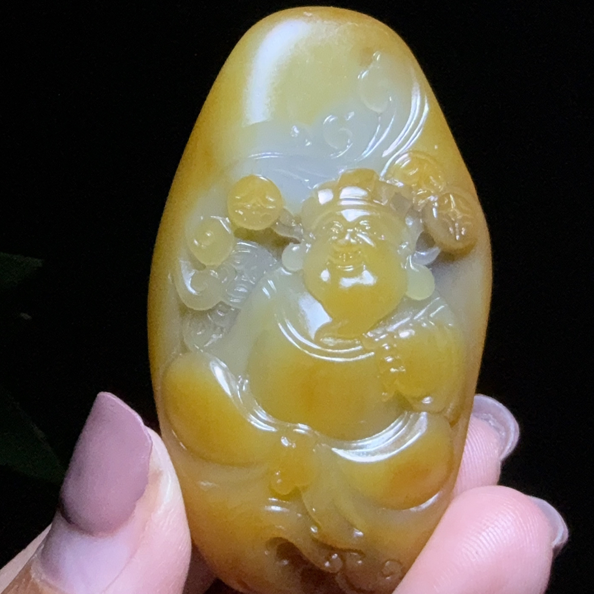 新疆和田玉子料黄沁皮财神～36克