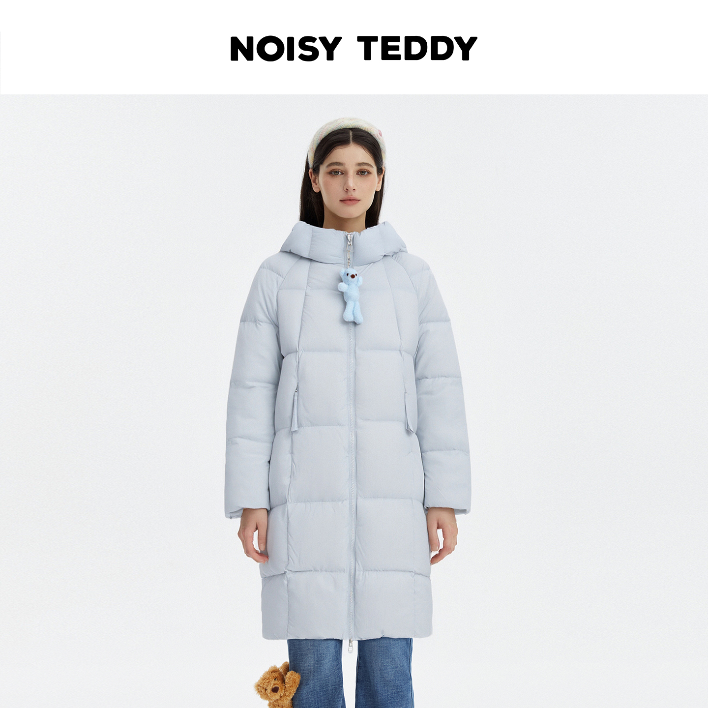 NOISY TEDDY  中长款宽松连帽小熊装饰女士羽绒服保暖加厚休闲