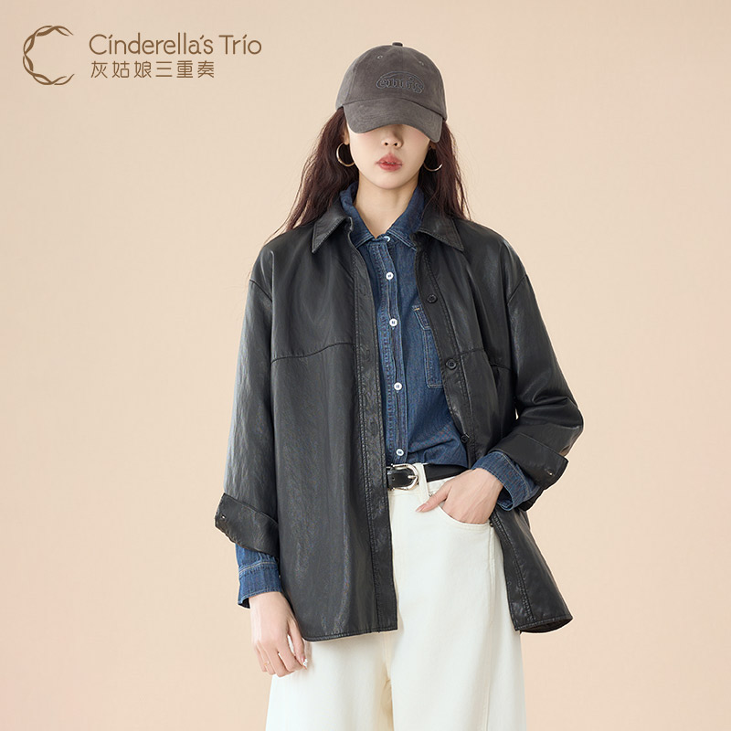 灰姑娘三重奏C·早春新款时尚休闲百搭复古PU衬衫外套H251118815