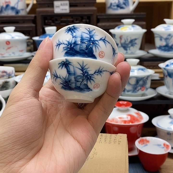 逍****手绘竹子一口杯35cc两个装釉下彩微瑕福利款