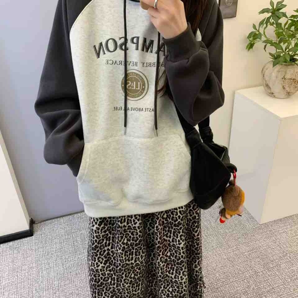 连帽插肩袖女款秋装大码灰色加绒字母卫衣宽松韩版