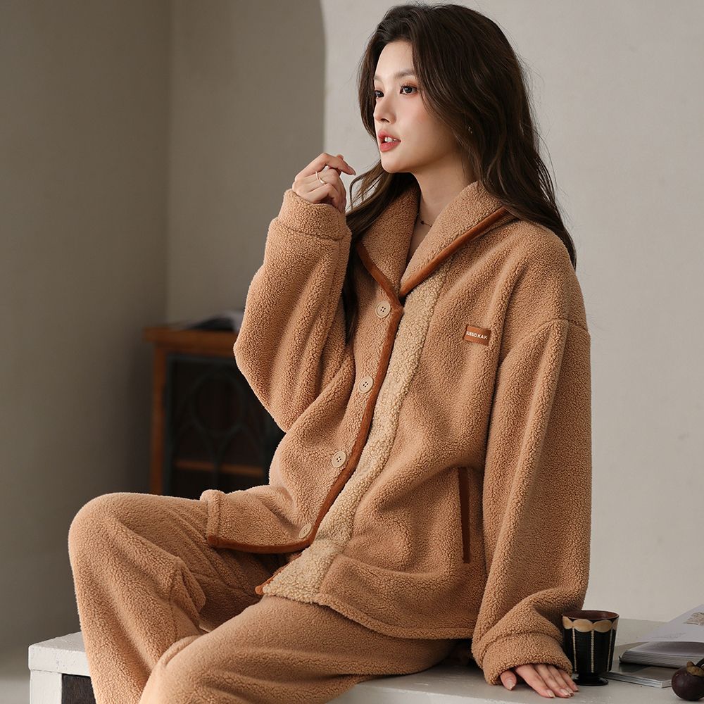 冬季新款高定睡衣女加绒加厚珊瑚绒家居服可外穿高克重保暖套装