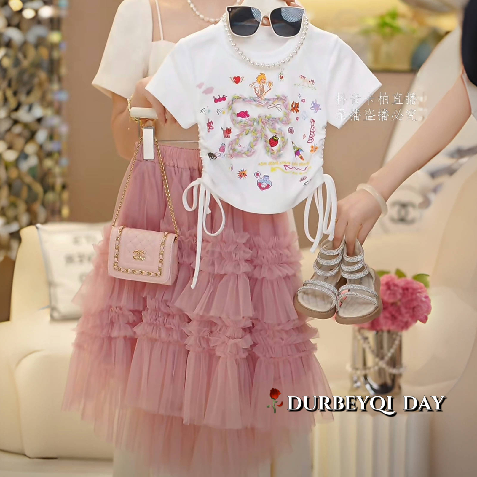 DURBEYQI/朵贝奇女童2025早夏新款卡通圆领纯色松紧腰公主裙5219