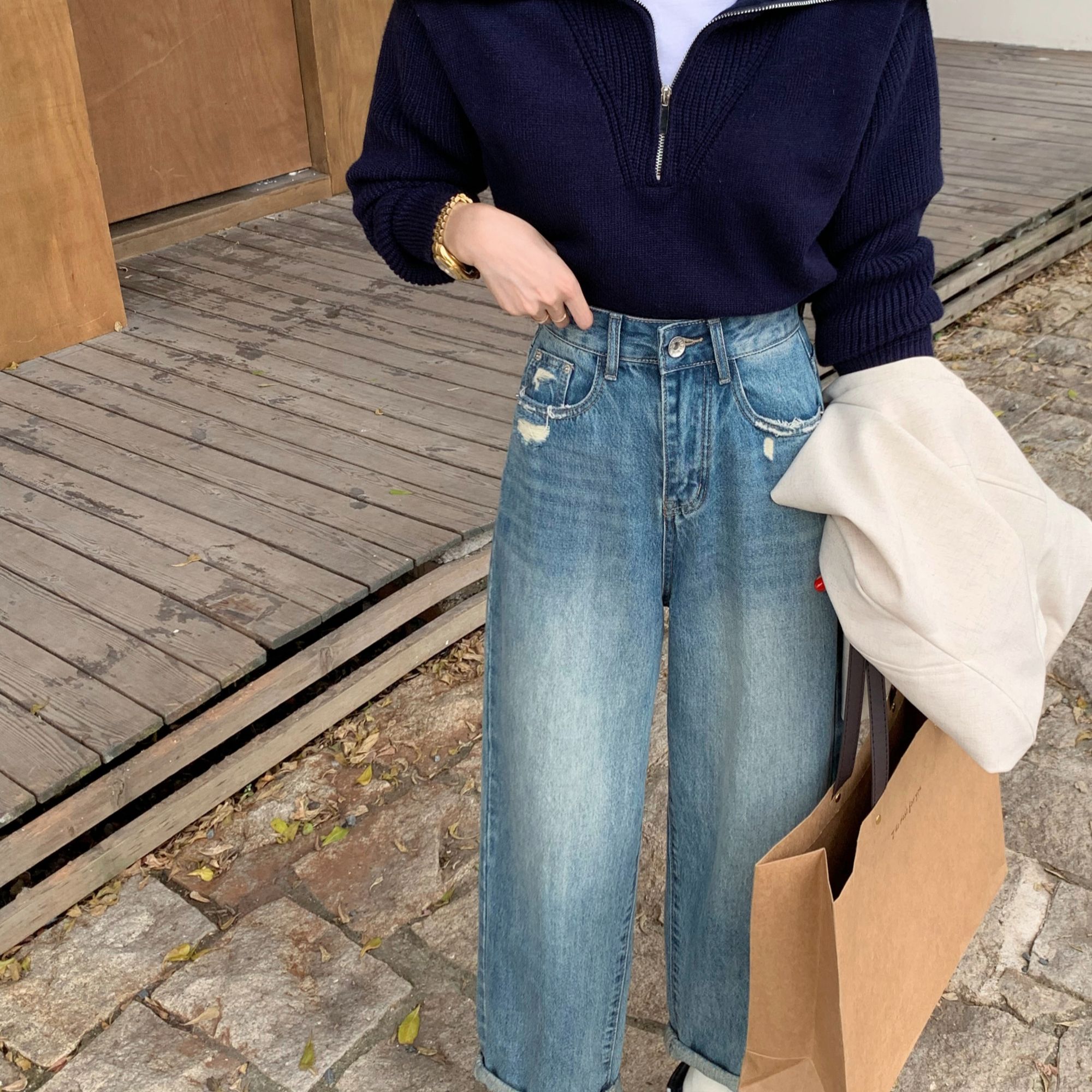 仓美美女装-口袋磨破复古设计款牛仔裤（卡码推荐拍大！）