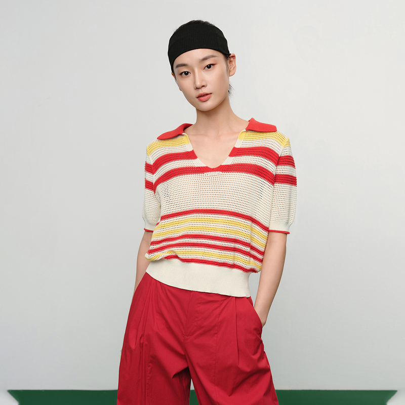 EP雅莹女装 棉短袖polo领休闲条纹针织衫上衣 2025新款9516A