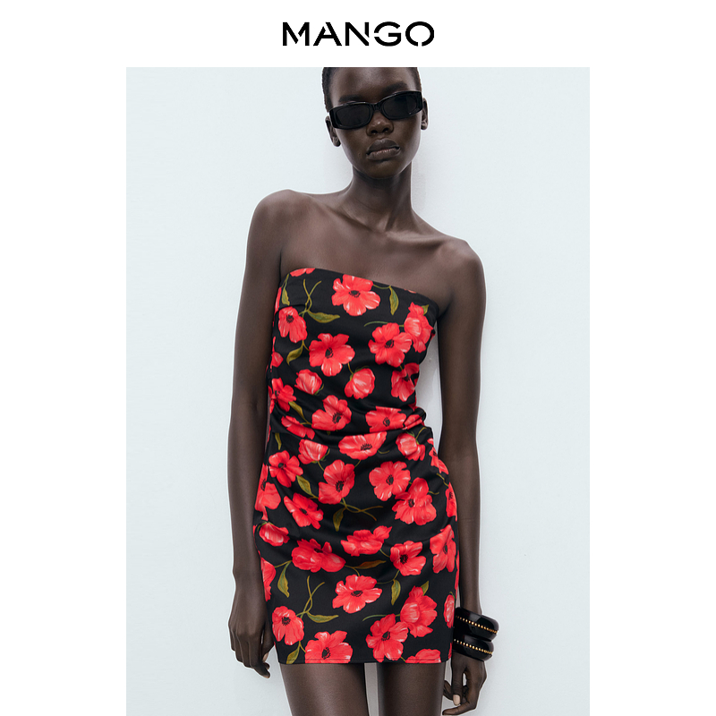 MANGO女装连衣裙2025夏装新款法式抹胸花卉度假短款修身连衣裙