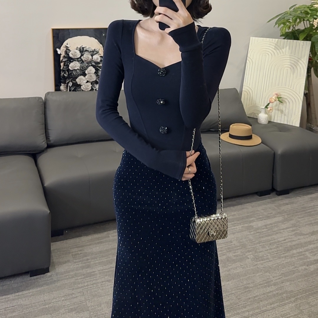 【OS&oneshow】新款轻奢时尚藏青套装高腰显瘦鱼尾裙两件高级感礼服