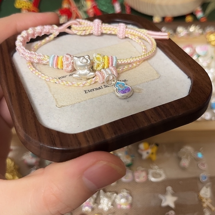 足银布艺银饰x2+精工双层粉手绳