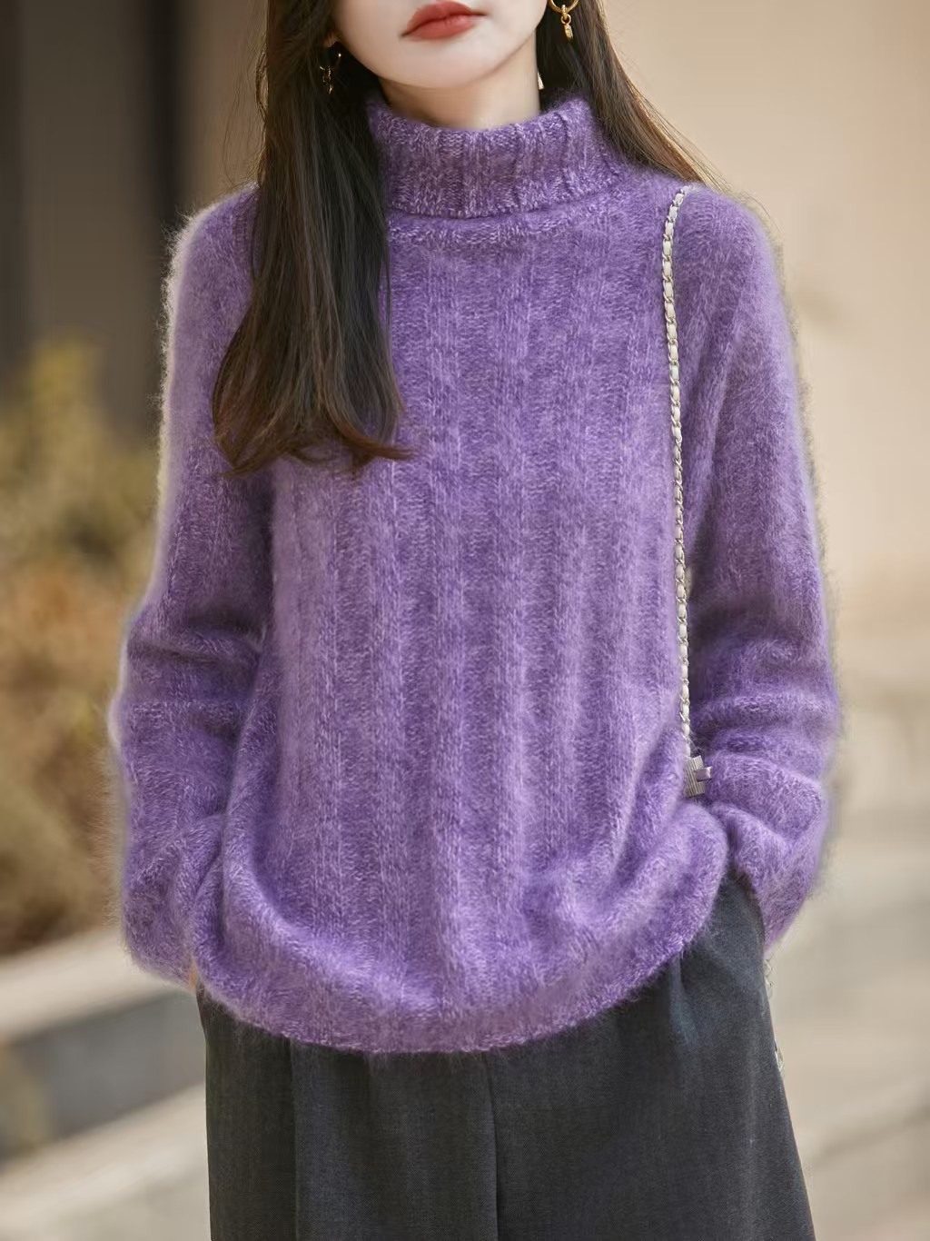 秋冬新款拉毛工艺堆堆领花纱羊毛衫女松弛感坑条宽松慵懒软糯毛衣