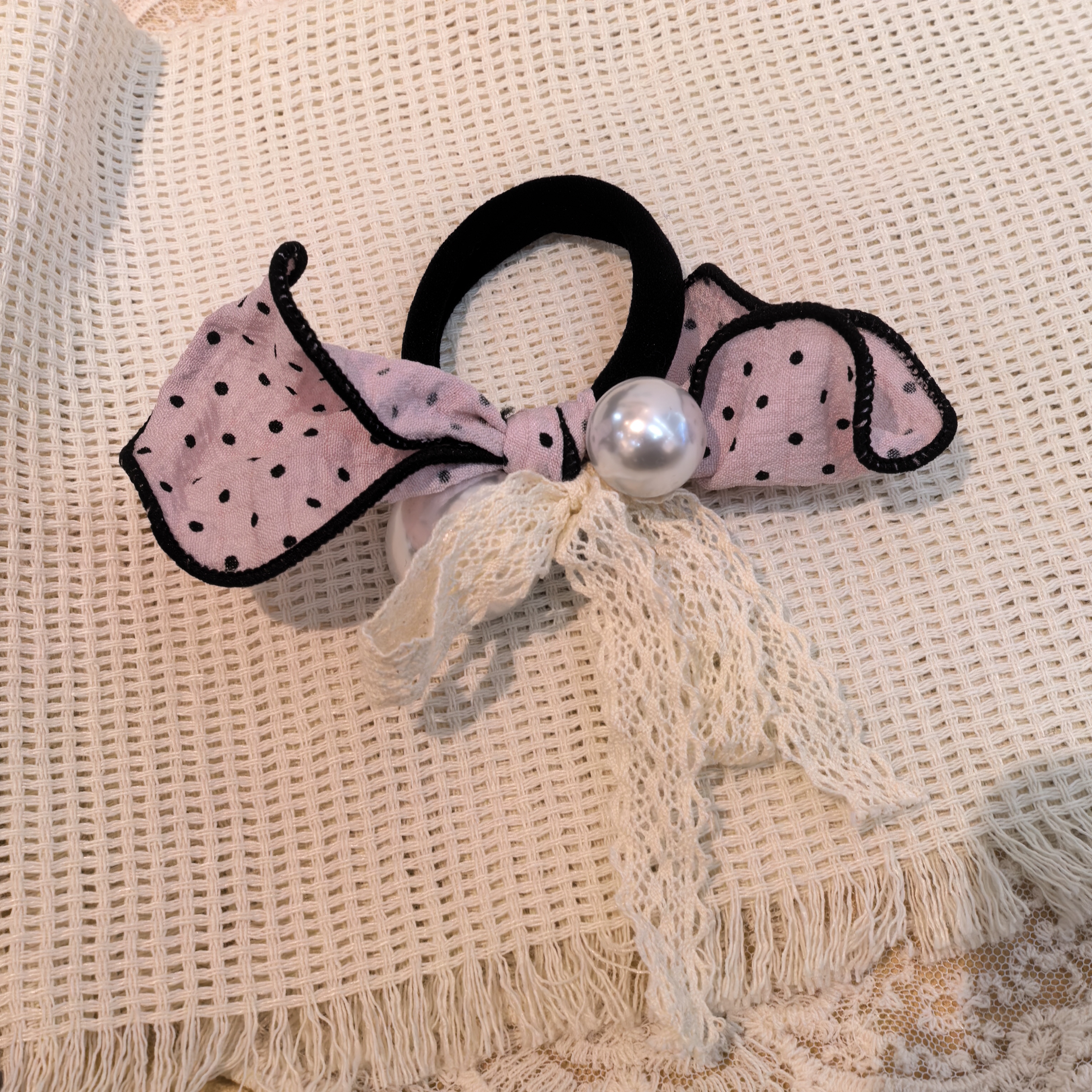 A943粉色波点蝴蝶结蕾丝大珠发绳