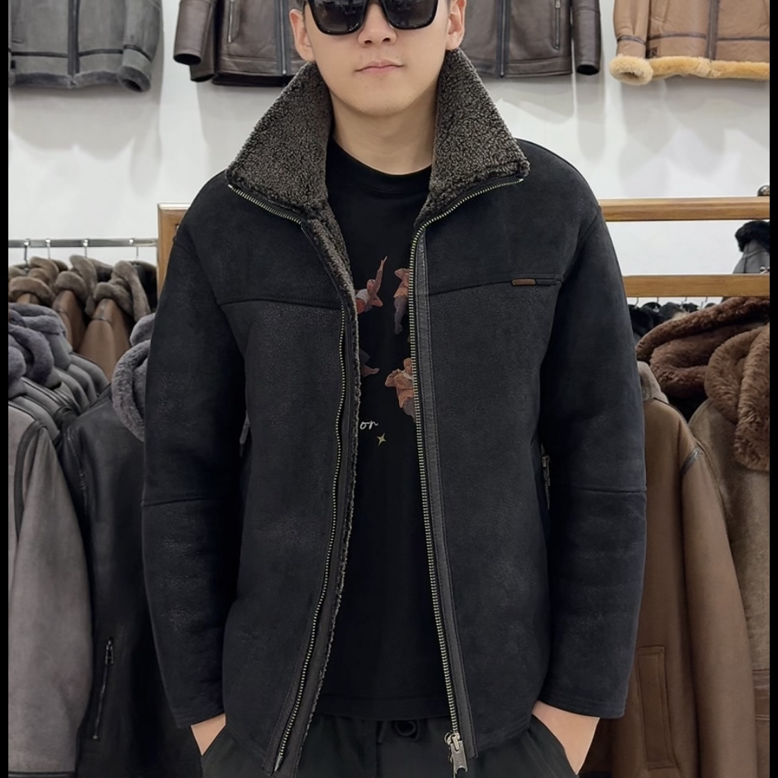 男士真皮原生态皮毛一体重工水洗双色立翻领羊皮羊毛冬季保暖外套