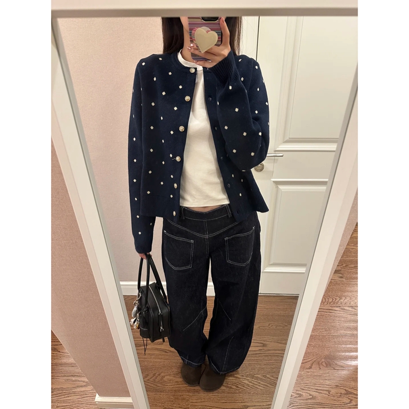 藏青色复古波点针织开衫毛衣外套女秋季休闲宽松百搭显瘦长袖上衣