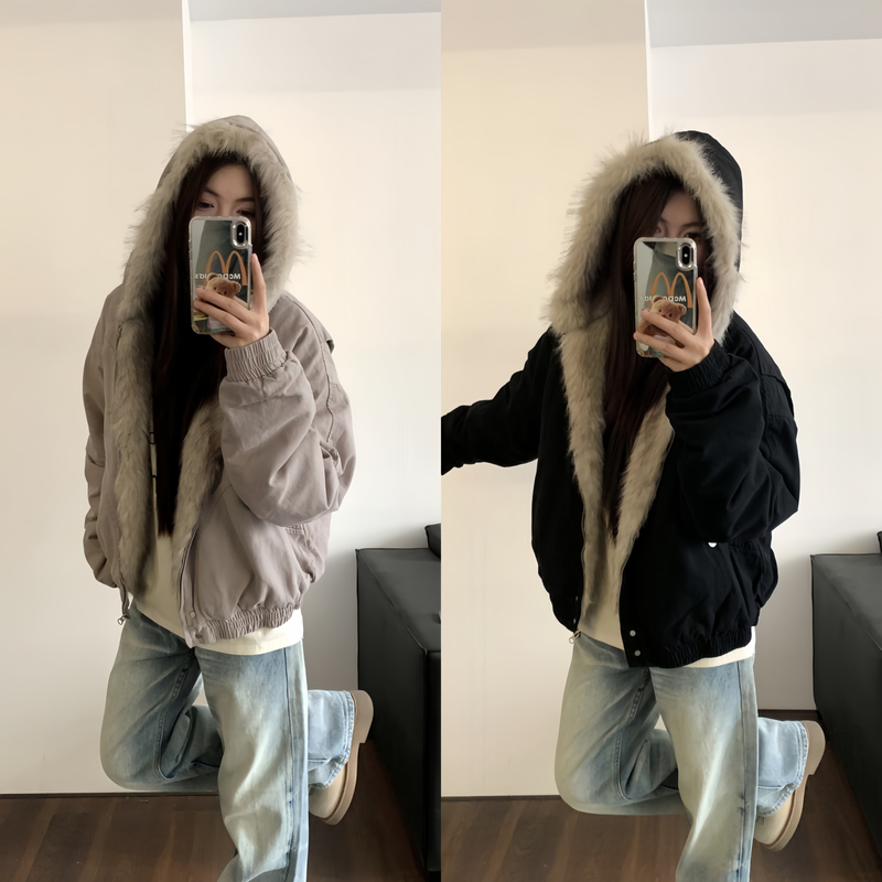 AMER 国潮美式冬季短款毛领棉服复古拉链连帽外套